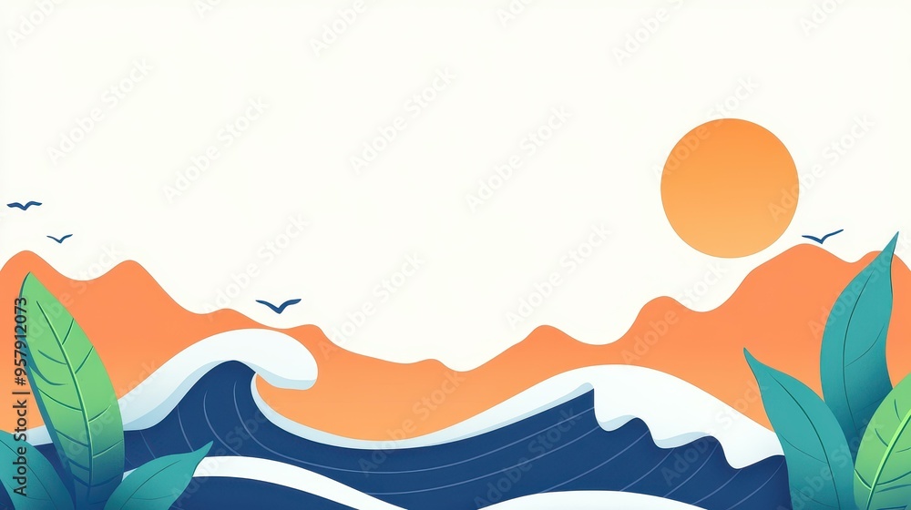 Poster modern flat design features vibrant, abstract waves that merge art with nature, creating a playful v
