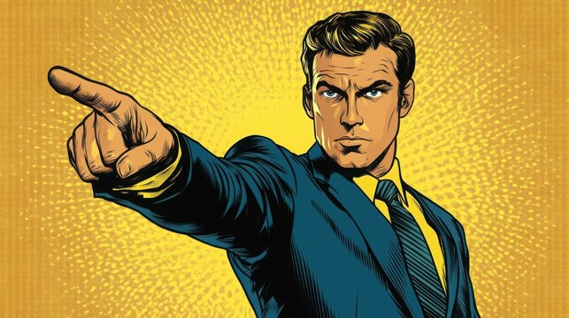 A man in a business suit points his finger. Comic book halftone style