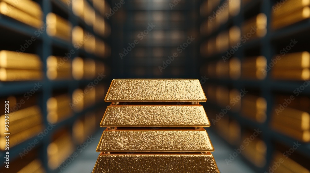 Poster securely stacked gold bars in dimly lit vault - with copy space and selective focus for concepts