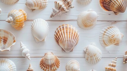 Sea shells arranged on white wooden surface from a bird s eye view