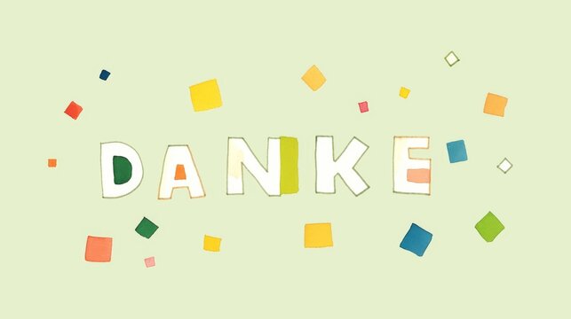the Word 'DANKE' in White, Surrounded by Colorful Squares on a Light Green Background, express thanks in German