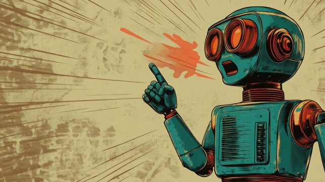A robot points his finger. Comic book halftone style