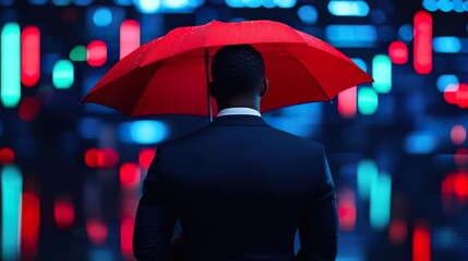 Silhouette of a person holding an umbrella standing under a stormy sky with lightning.