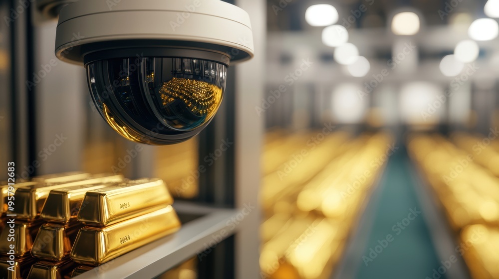 Poster secure vault with gold bars - surveillance cameras for security concept with copy space, selective f