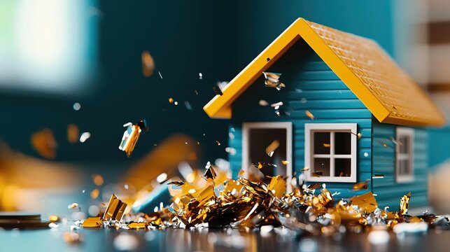 Small house model crumbling into pieces on a bright yellow background.