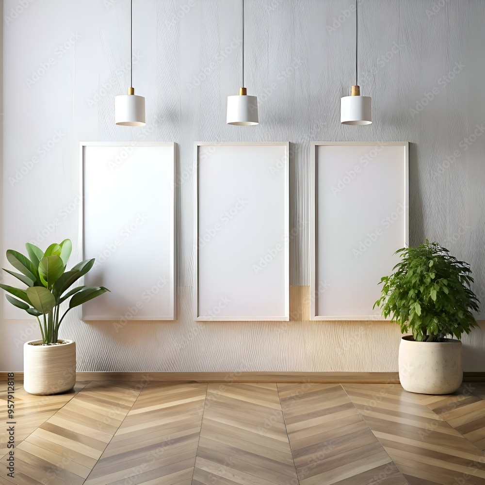 Poster a minimalist interior design mockup with three empty picture frames. perfect for showcasing your art