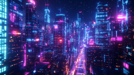 A captivating 3D render depicting a cyberpunk night cityscape. The scene is set in a dark, futuristic city with towering skyscrapers and sprawling urban infrastructure. The city is illuminated by vibr