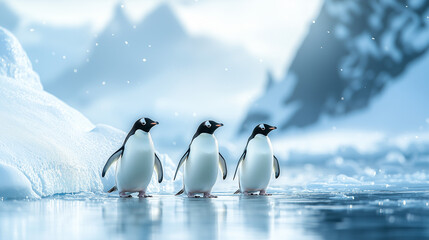 Obraz premium A group of adorable penguins waddling across the icy Antarctic landscape, with a dramatic snowy backdrop