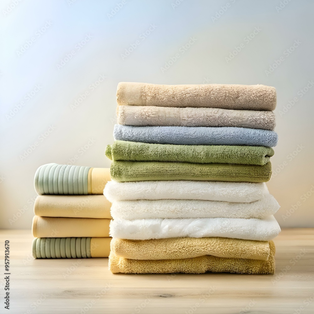 Poster a neat stack of freshly laundered towels in various colors. ready for a spa day or a relaxing bath.
