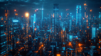 Obraz premium A captivating 3D render depicting a cyberpunk night cityscape. The scene is set in a dark, futuristic city with towering skyscrapers and sprawling urban infrastructure. The city is illuminated by vibr
