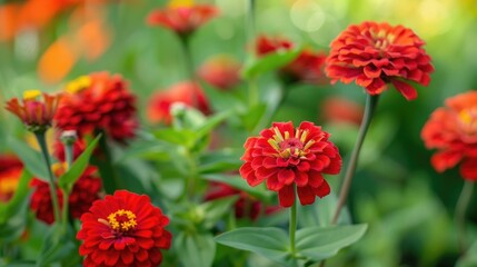 Selective focus on beautiful red zinnia flowers in the garden