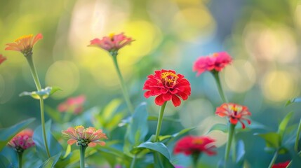 Selective focus on beautiful red zinnia flowers in the garden