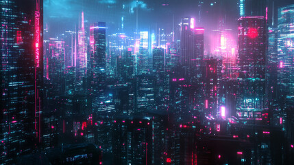 Fototapeta premium A captivating 3D render depicting a cyberpunk night cityscape. The scene is set in a dark, futuristic city with towering skyscrapers and sprawling urban infrastructure. The city is illuminated by vibr