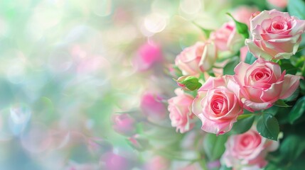 Fototapeta premium Selective focus on pink and green roses with blurred background
