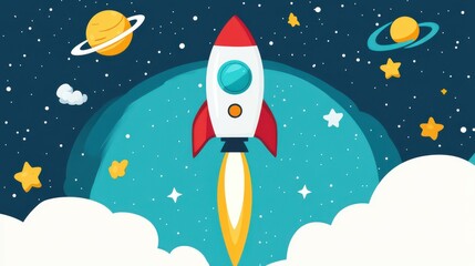 A whimsical animal astronaut is soaring through the cosmos in a stylish, flatdesigned rocket ship full of color and fun.