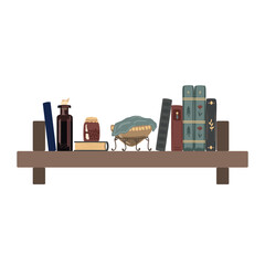 Old shelf with vintage books, tincture bottle and jam. Isolated design element for fairy and retro interiors.