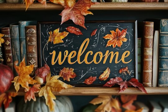 Autumn welcome sign with fall leaves and vintage books