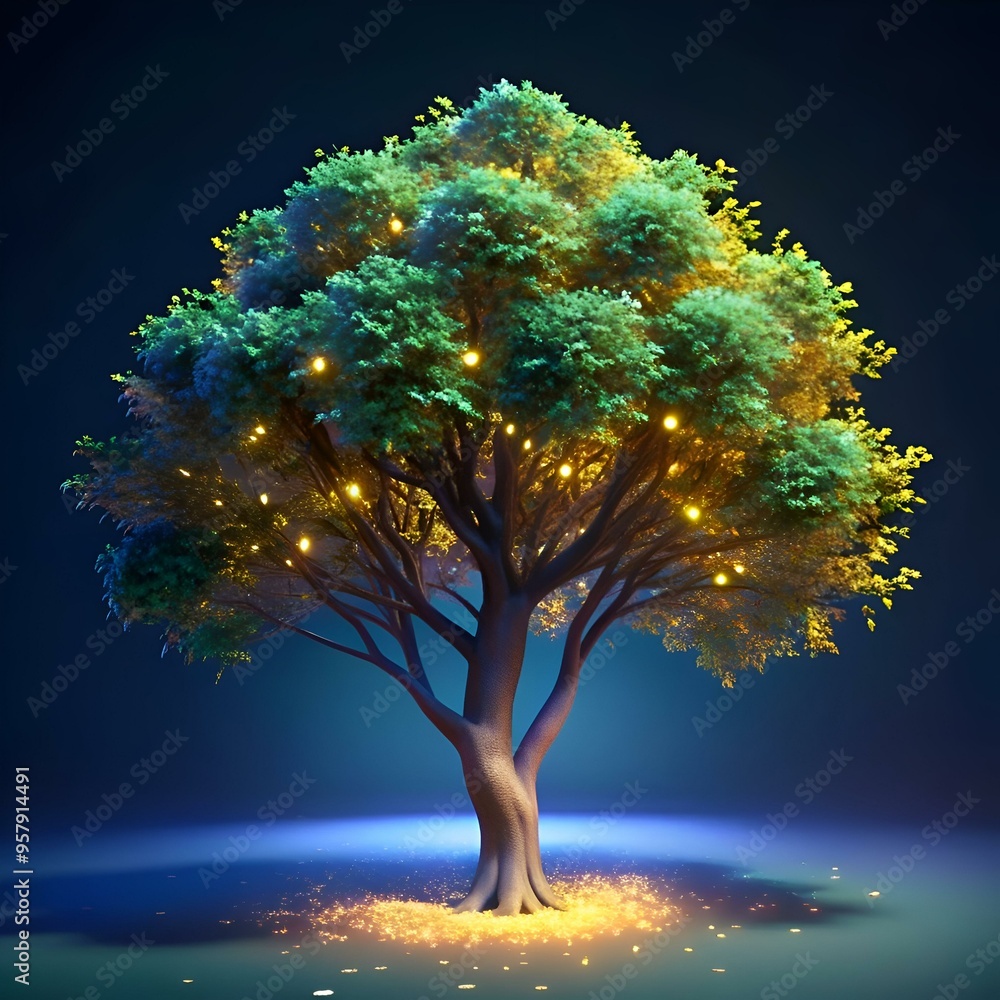 Poster a 3d illustration of an enchanting american beech tree with glowing lights. creating a magical atmos