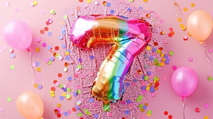 Sequined pink background with rainbow foil balloon shaped as number 7 top view Birthday card with numeral celebration template