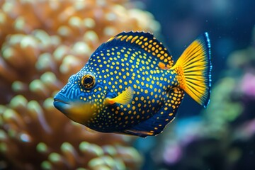 A Blue and Yellow Spotted Fish Swimming Near Coral