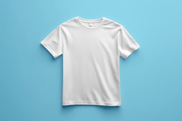 white T-shirt mockup template on a light blue background, perfect for showcasing custom designs