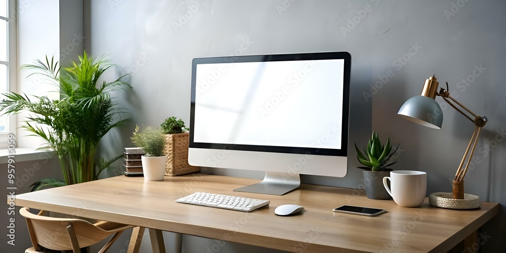 Aufkleber modern workspace mockup with a sleek desktop computer. keyboard. mouse. and a touch of nature.