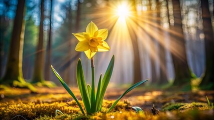 Solitary daffodil in a sunlit forest with sunbeams shining on the forest floor © Ole Studio