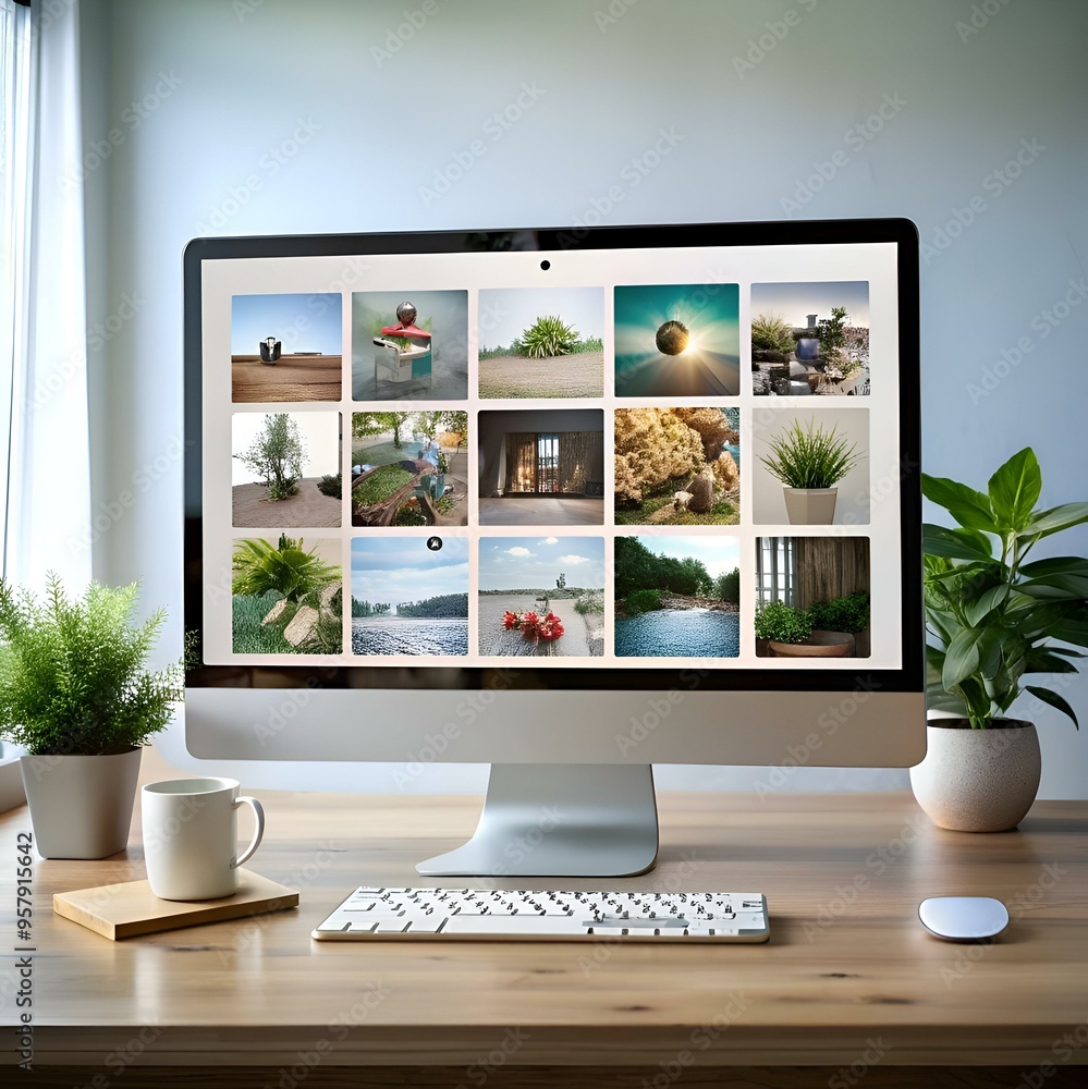 Poster modern desktop with a computer displaying a digital portfolio of images.