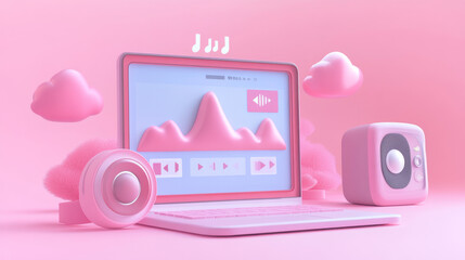 A 3D render showcasing a computer window browser actively playing a video or music streaming online. The browser window is prominently displayed on a sleek, modern desktop interface. The video or musi