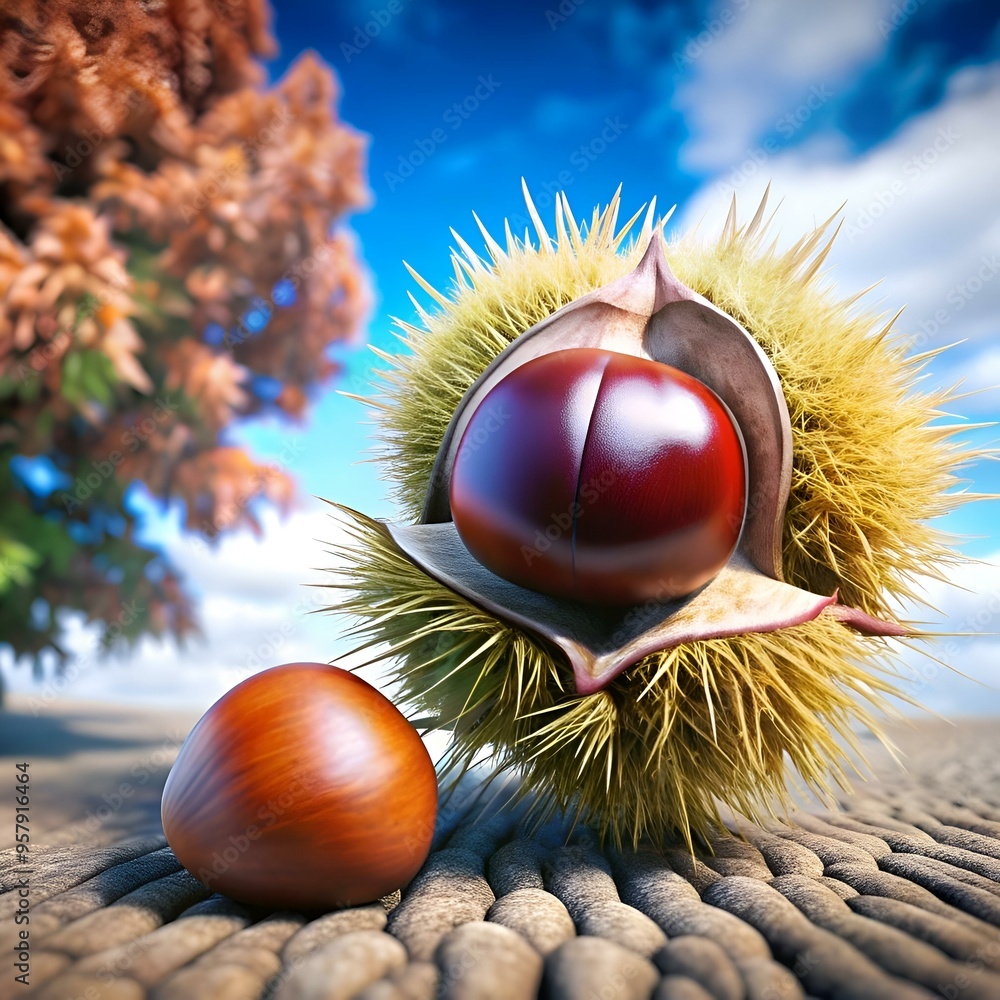 Poster a 3d illustration of a chestnut bursting out of its spiky shell. with a single chestnut resting on t