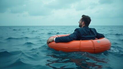 Obraz premium Businessman in a lifebuoy in the ocean. Generative AI