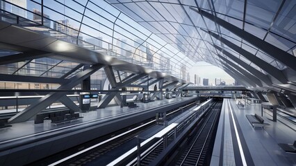 A futuristic train station with a sleek design
