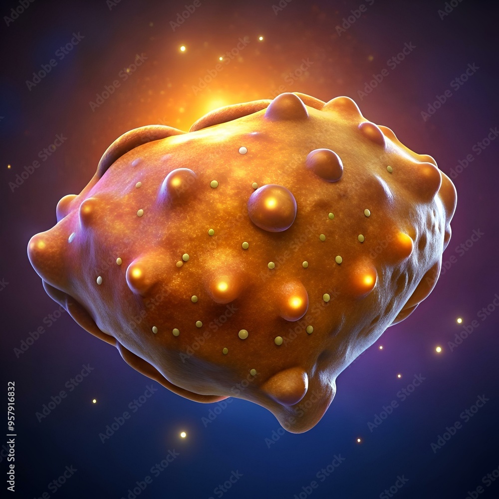 Poster a detailed 3d rendering of a microscopic cell with a textured surface and glowing spots. perfect for