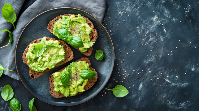 Variation of healthy toasts with avocado cream cheese and whole wheat rye bread on a plate. Delicious snacks and avocado sandwiches