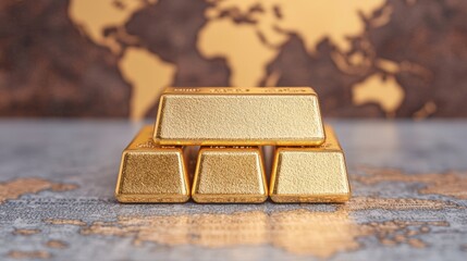 Global Financial Power: Gold Bars on World Map, Worldwide Influence, Selective Focus, Ultra HD