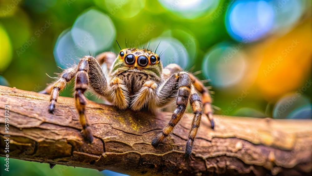 Wall mural close-up of spider on tree branch with blurred foliage background