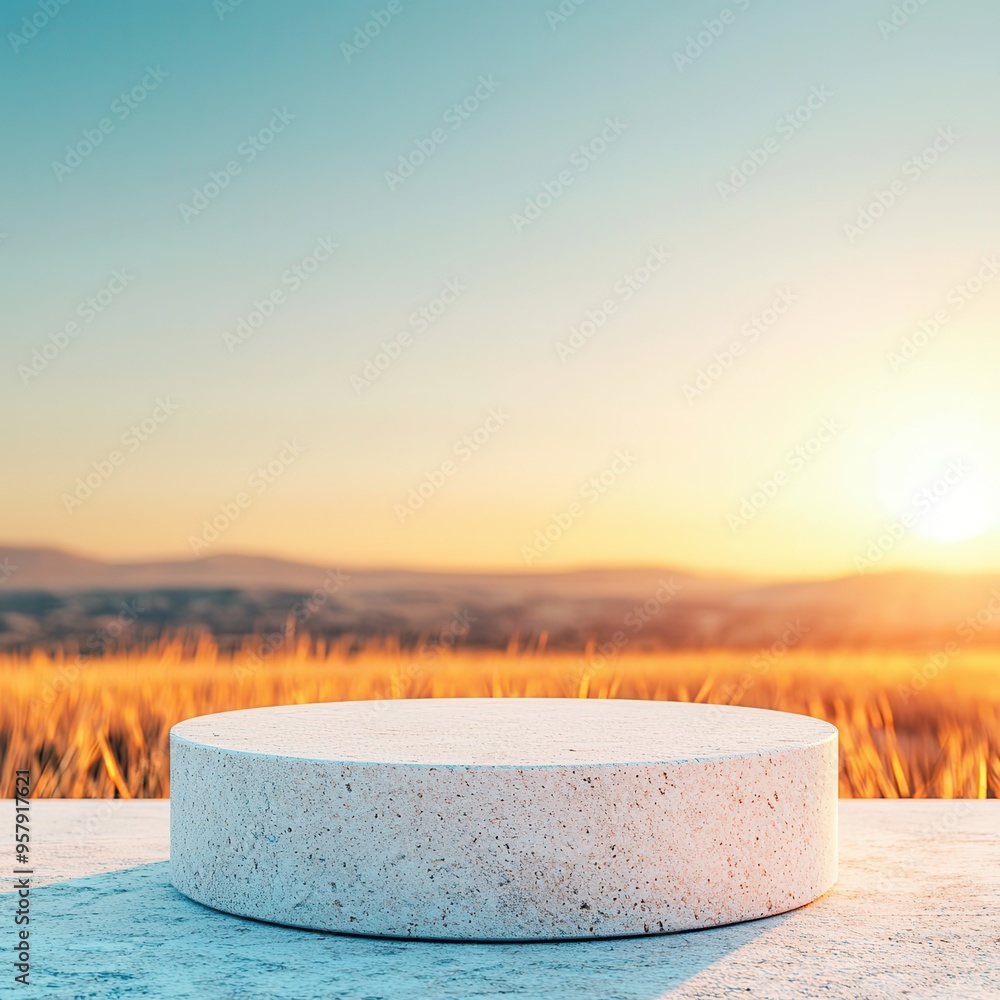 Wall mural Stone Podium in a Field at Sunset.