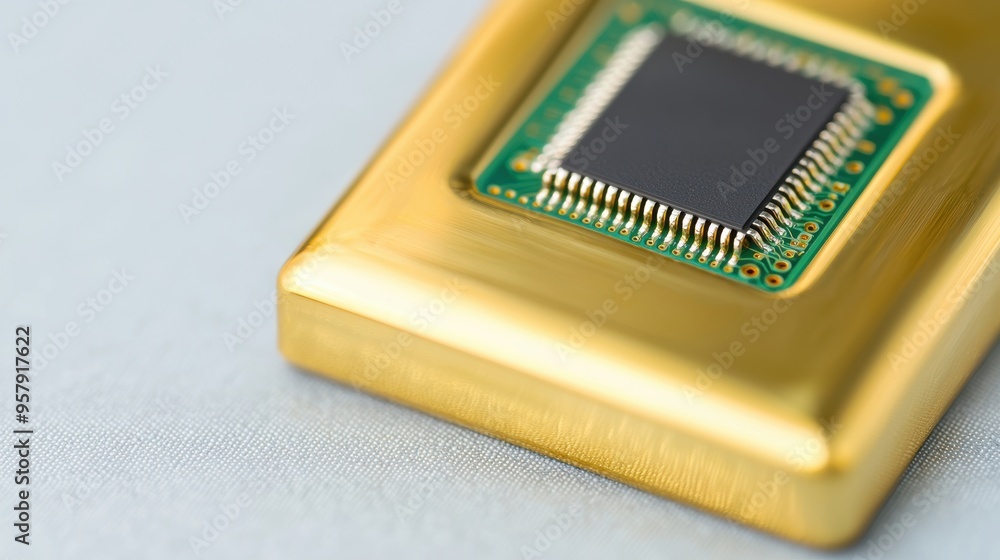 Aufkleber future technology concept - gold bar with embedded microchip symbolizing tech and precious metals, s