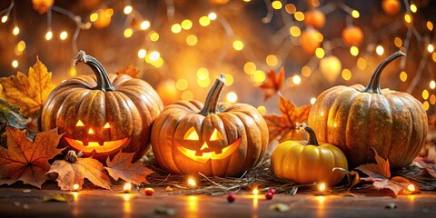 Festive Halloween pumpkins surrounded by autumn leaves and sparkling lights for a spooky yet enchanting atmosphere