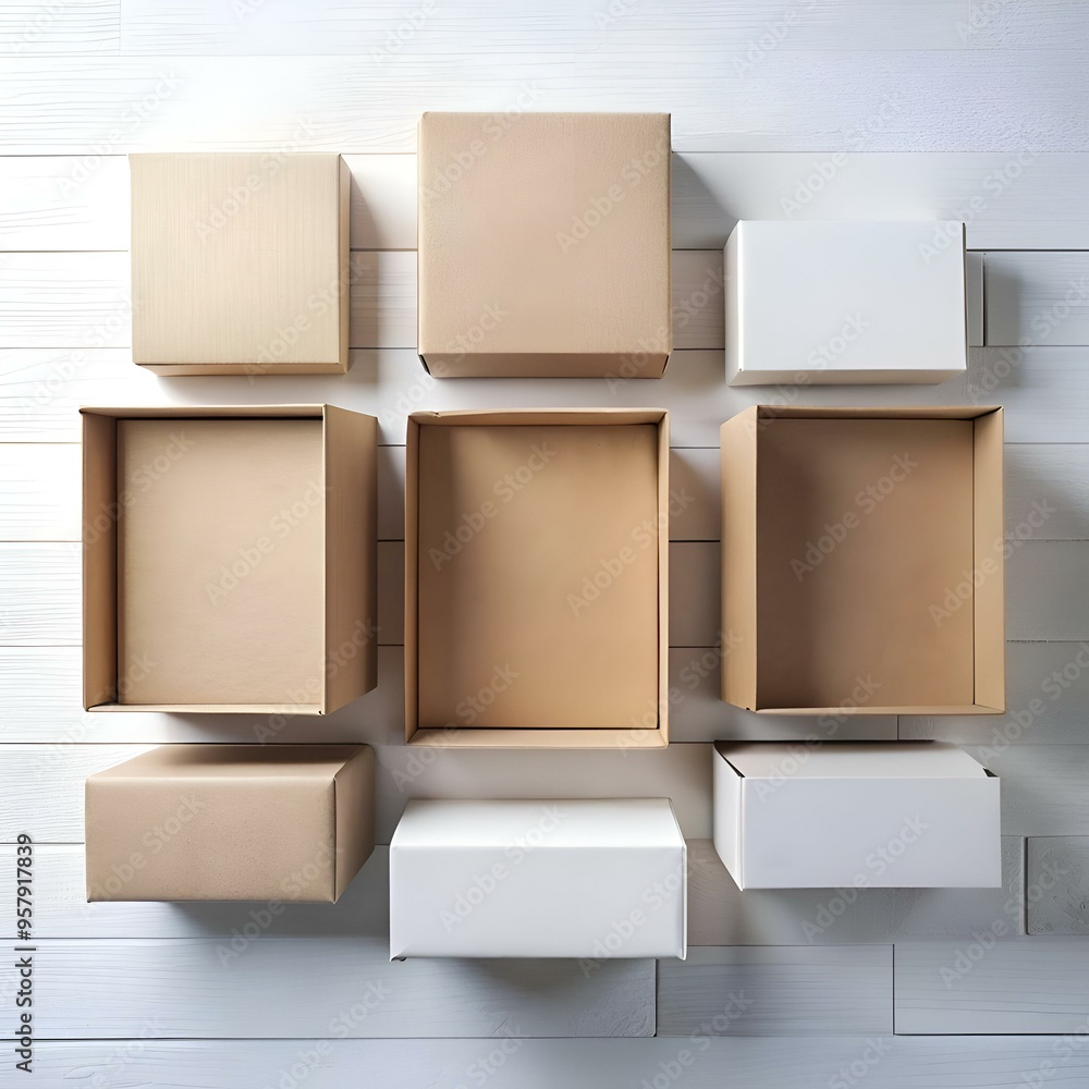 Poster a flatlay of eight empty boxes. featuring both brown and white. neatly arranged on a white wooden ba