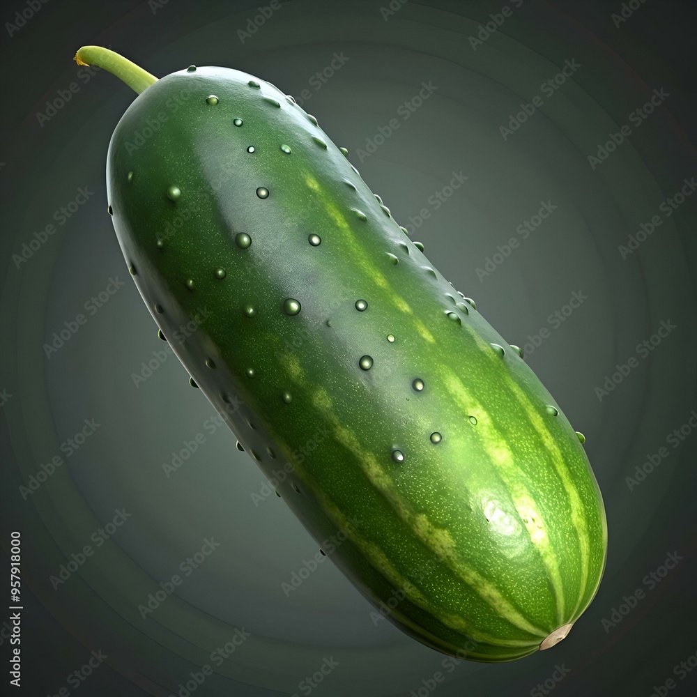 Poster a photorealistic 3d rendering of a fresh. green zucchini with a smooth. glossy skin and subtle water
