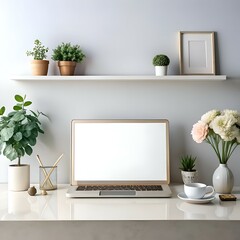 Fototapeta premium A clean and minimalist workspace with a laptop. plants. and a cup of coffee.