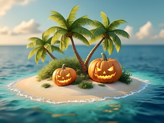 Obraz premium Small Island Pumpkins Jack O' Lanterns Palm Trees Halloween Sand Graphic Design
