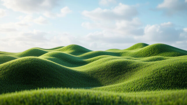 A 3D render of a surreal landscape featuring a shaggy green surface resembling grassland mountains. The scene is presented in a minimalistic concept, with abstract, fantastic dunes creating a panorami