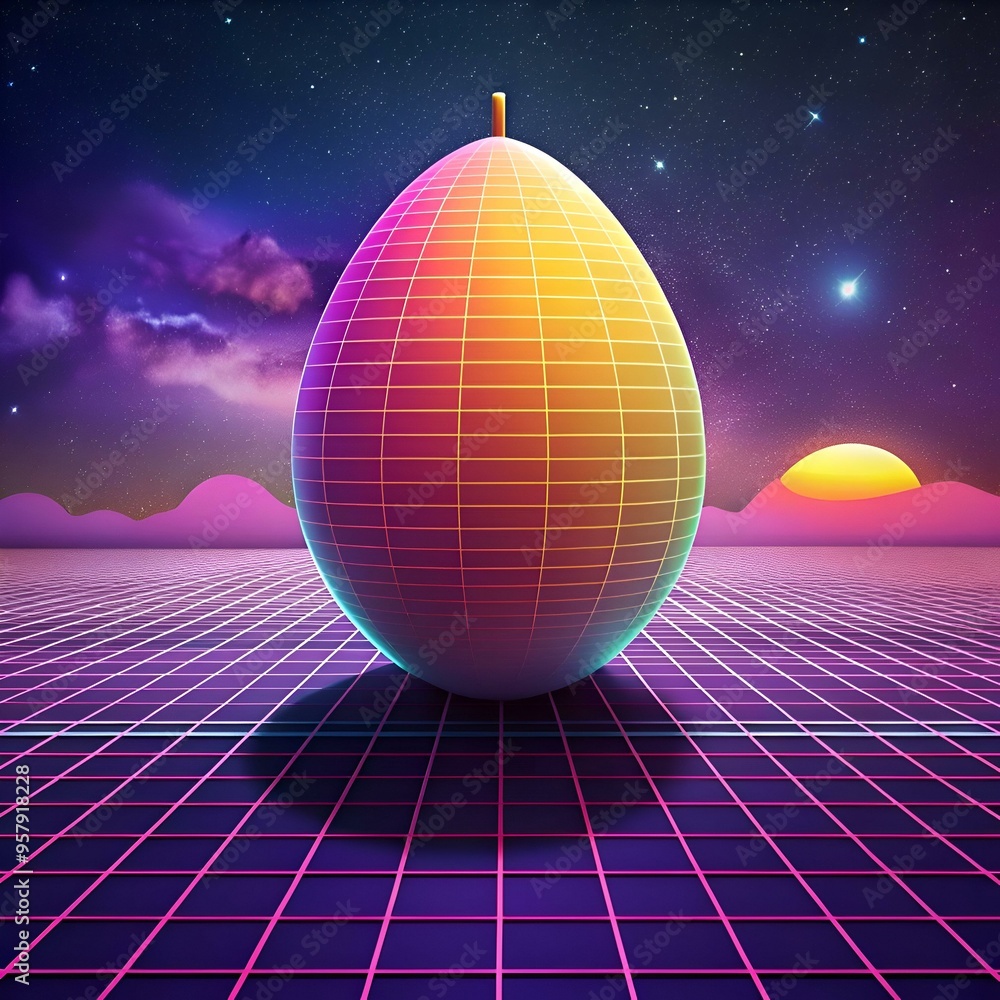 Poster a retro futuristic 3d illustration of a glowing egg shaped object with a grid pattern. set against a