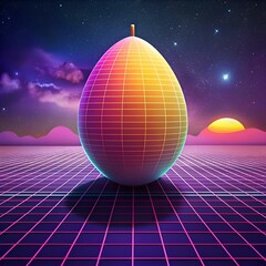 A retro futuristic 3D illustration of a glowing egg shaped object with a grid pattern. set against a neon sunset and a starry night sky.