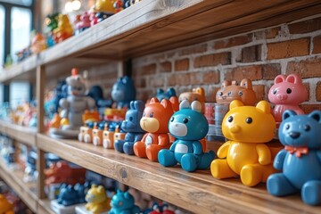 Obraz premium A variety of colorful toy figures neatly displayed on wooden shelves against a brick wall, showcasing a playful and organized collection.