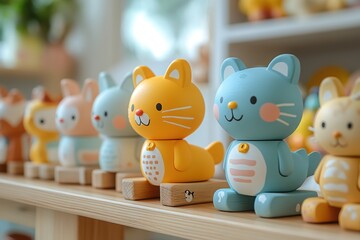 Obraz premium Close-up of cute animal-themed wooden toy figures neatly arranged on a shelf, showcasing a charming and colorful collection in a bright, cozy setting.