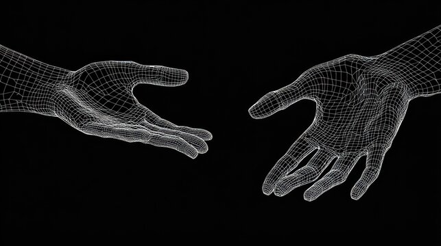 Two wireframe hands reaching out to each other, symbolizing connection and collaboration.