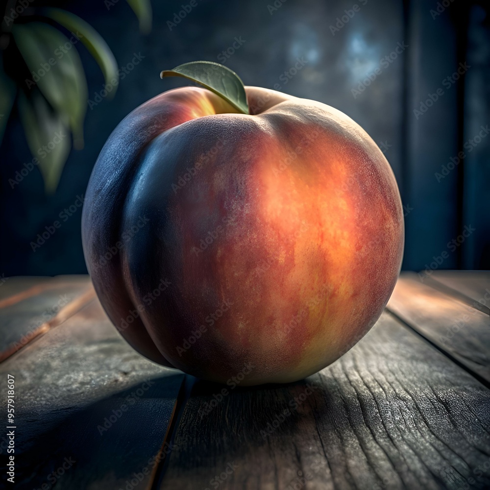 Poster a single. ripe peach rests on a rustic wooden table. illuminated by a soft. warm light.